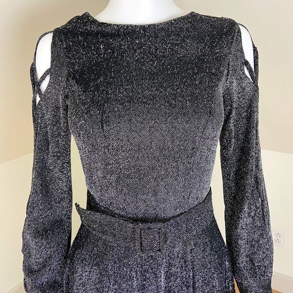 Vintage 60s 70s Metallic Lurex Skater Mini Dress Disco Cutout Sleeves XSmall XS - Picture 2 of 11